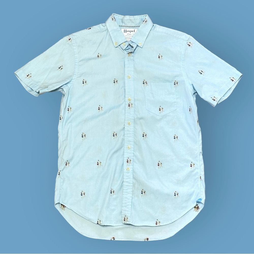 Haspel Men Blue Beach Volleyball Cotton Short Sleeve Button Down Shirt Mens Sz M